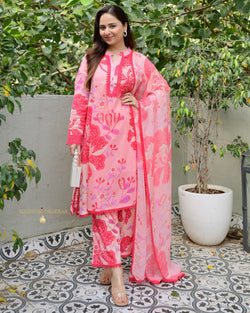 Peach Pink Floral Aline Premium Cotton Suit