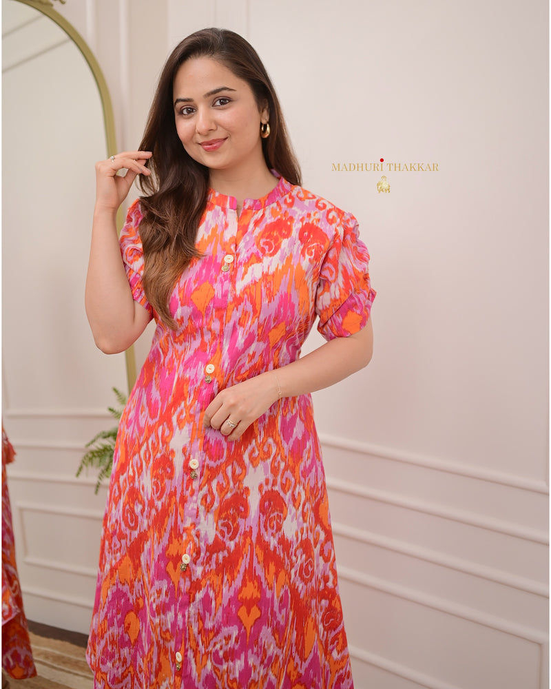 Pink Orange Baroque A Line Cotton Dress