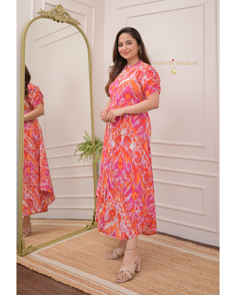 Pink Orange Baroque A Line Cotton Dress