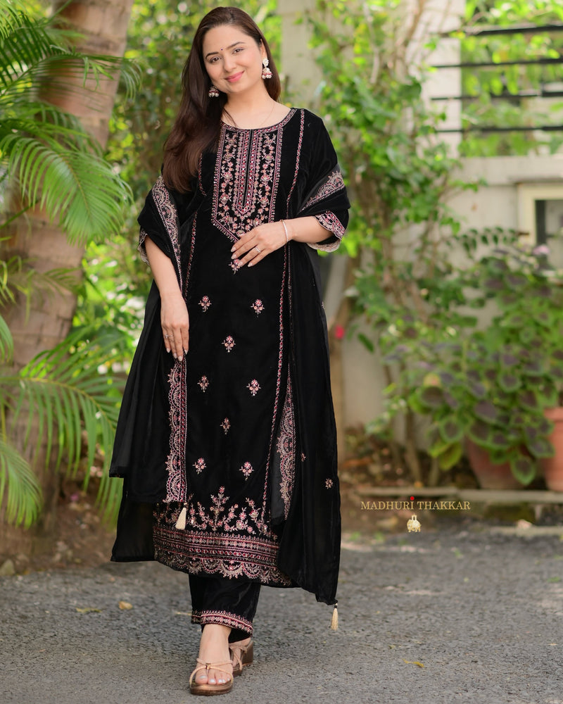 Black Maroon Handwork Premium Velvet Suit