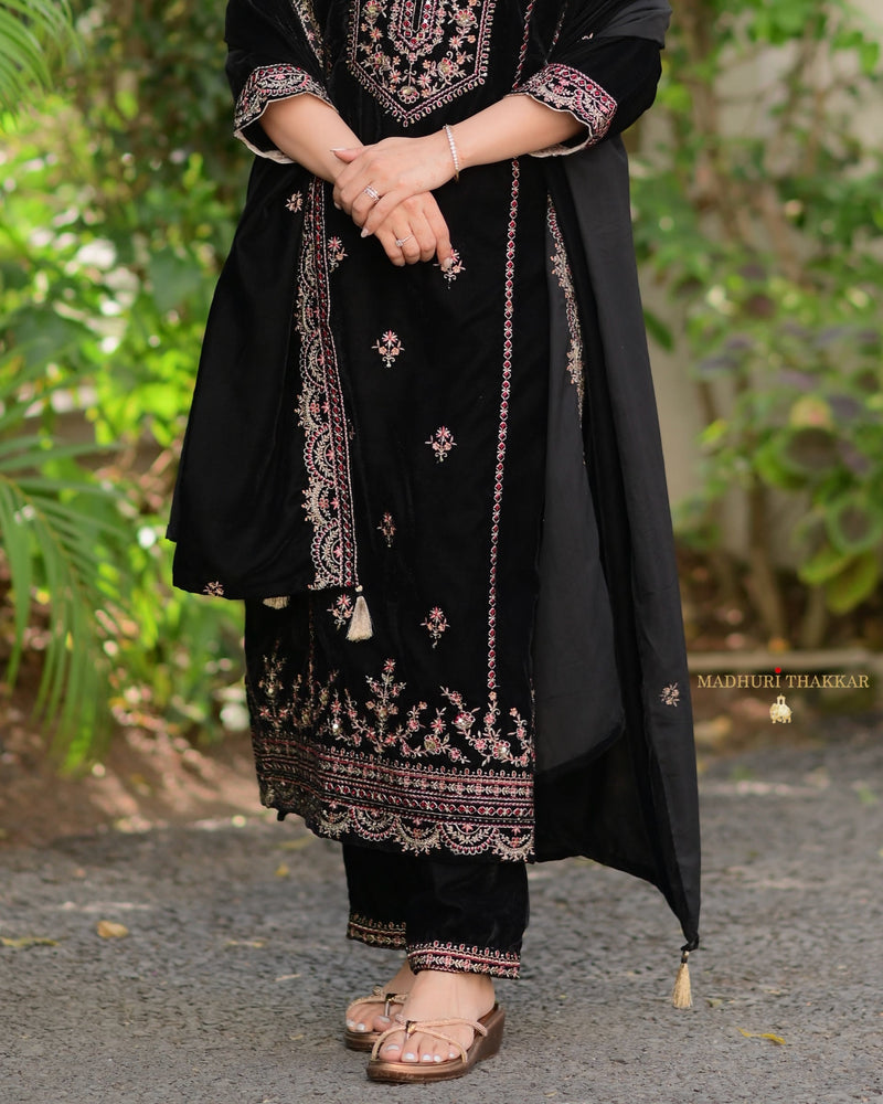 Black Maroon Handwork Premium Velvet Suit