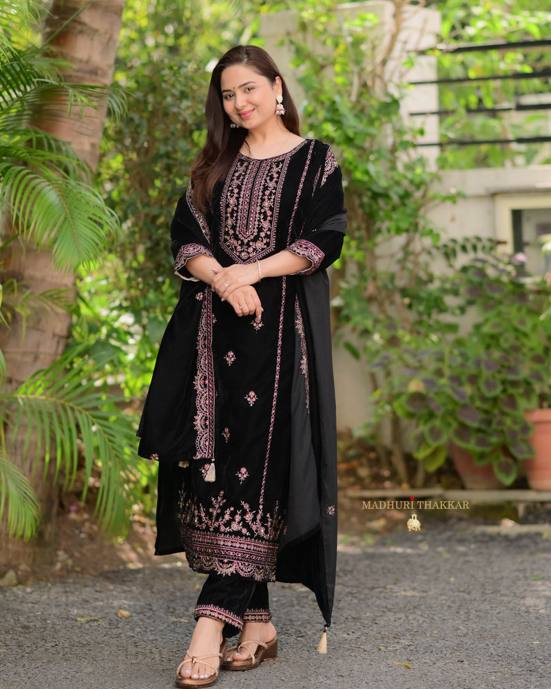 Black Maroon Handwork Premium Velvet Suit