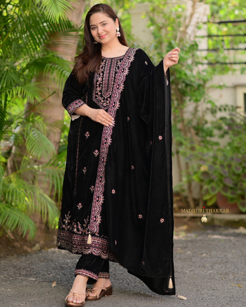 Black Maroon Handwork Premium Velvet Suit