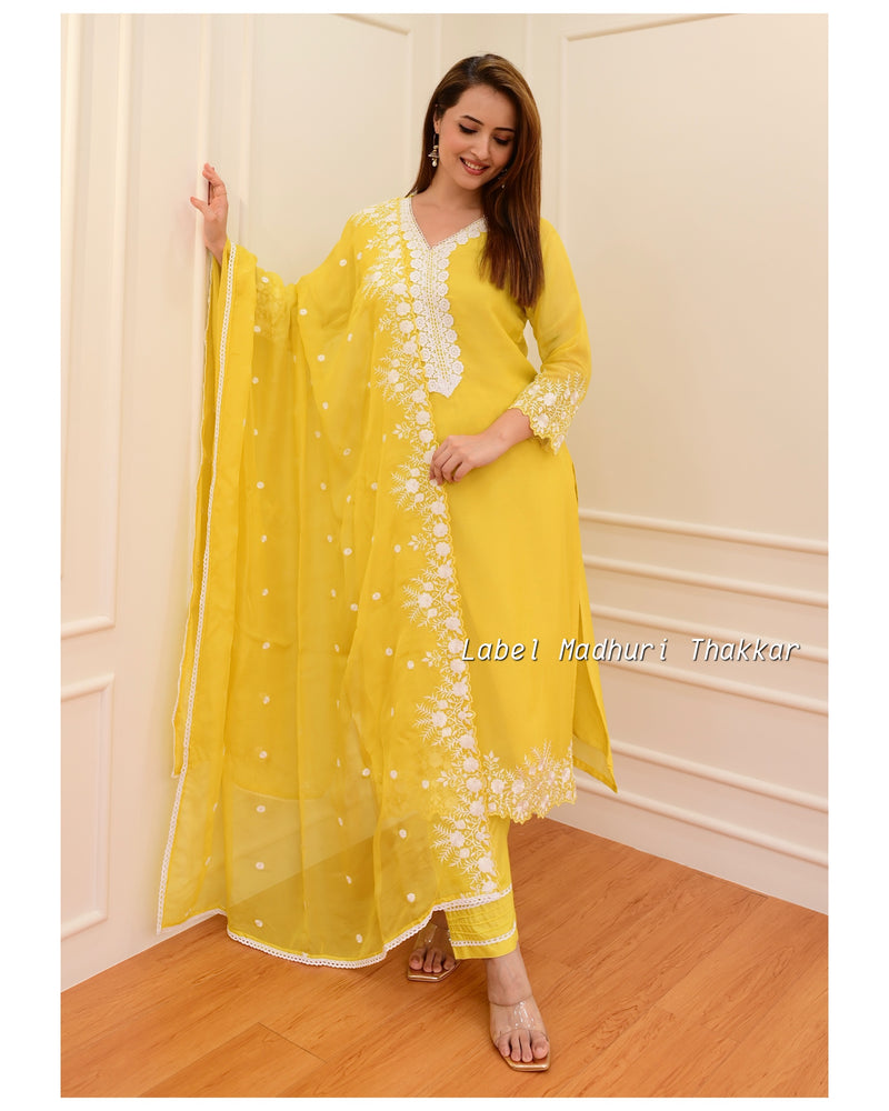 Yellow Organza Schiffli Suit