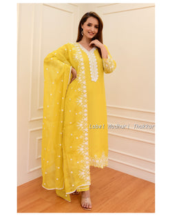 Yellow Organza Schiffli Suit