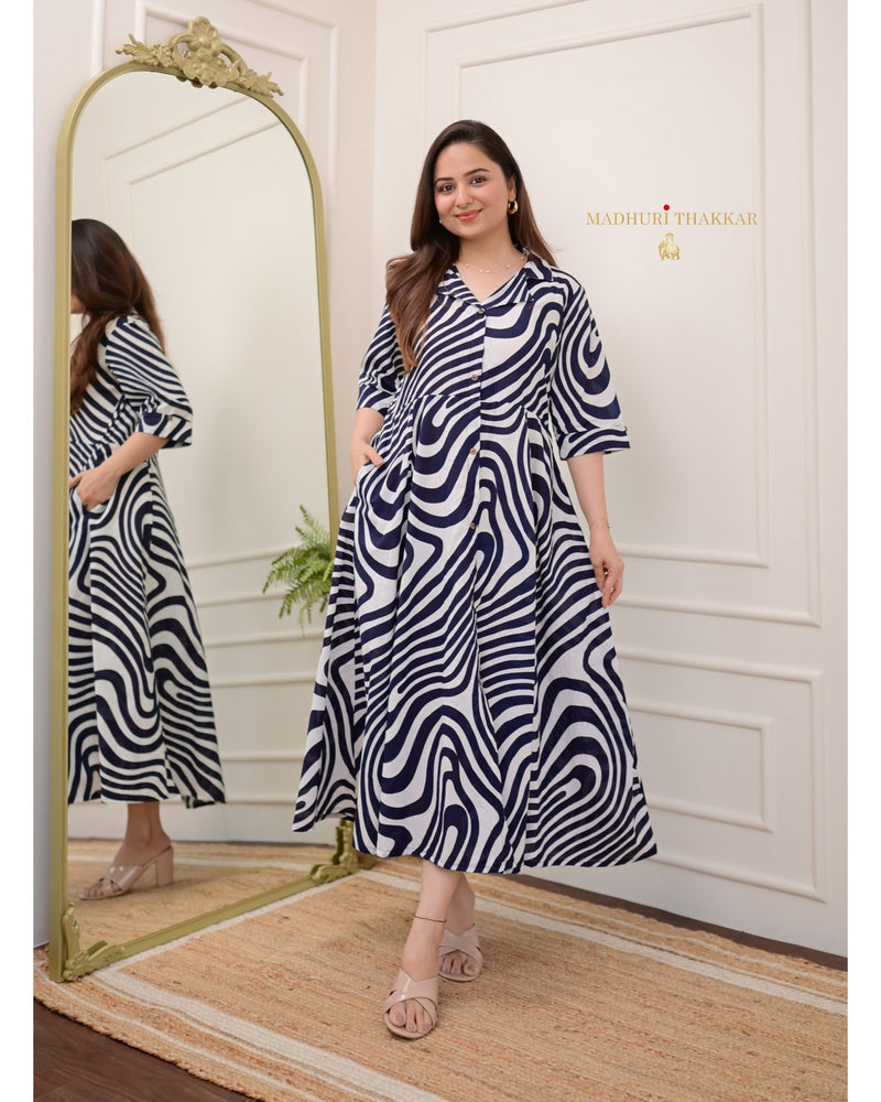 Blue Wave Cotton A Line Dress