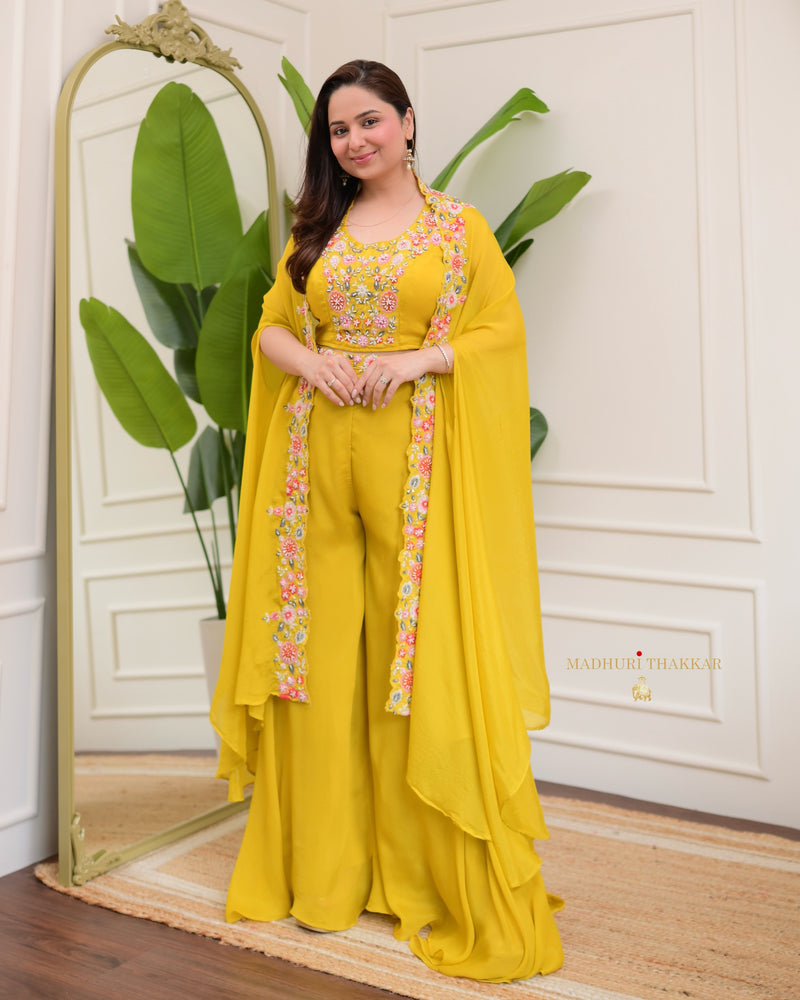 Yellow Chinnon Festive Cape Sharara Set