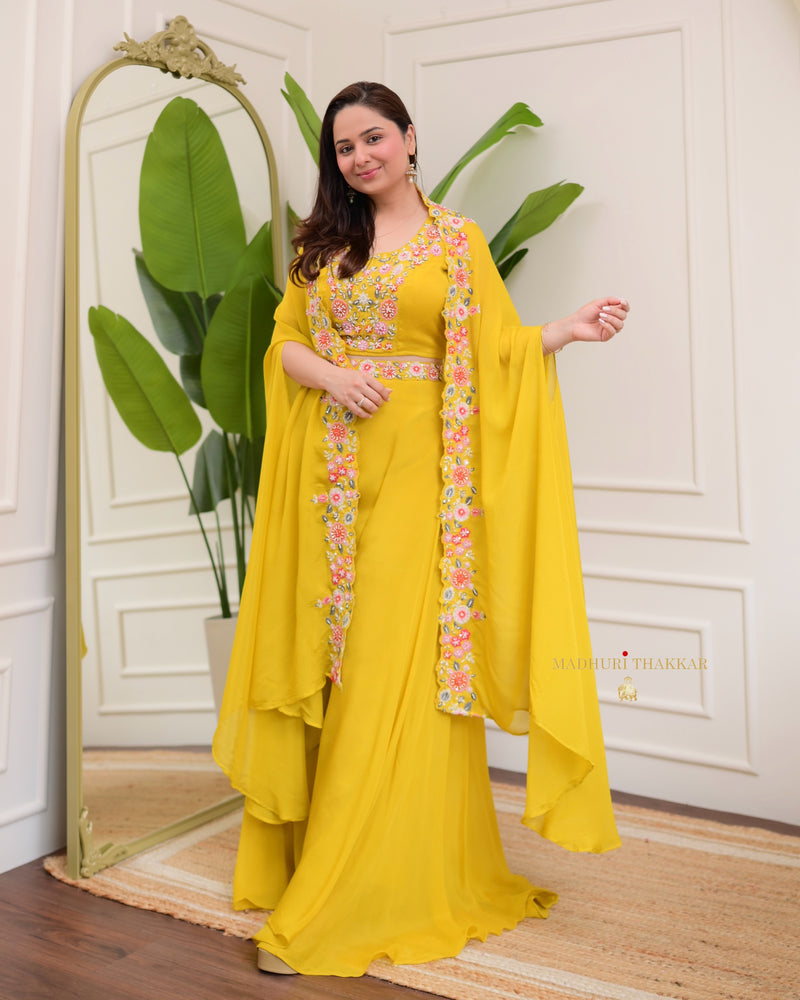 Yellow Chinnon Festive Cape Sharara Set