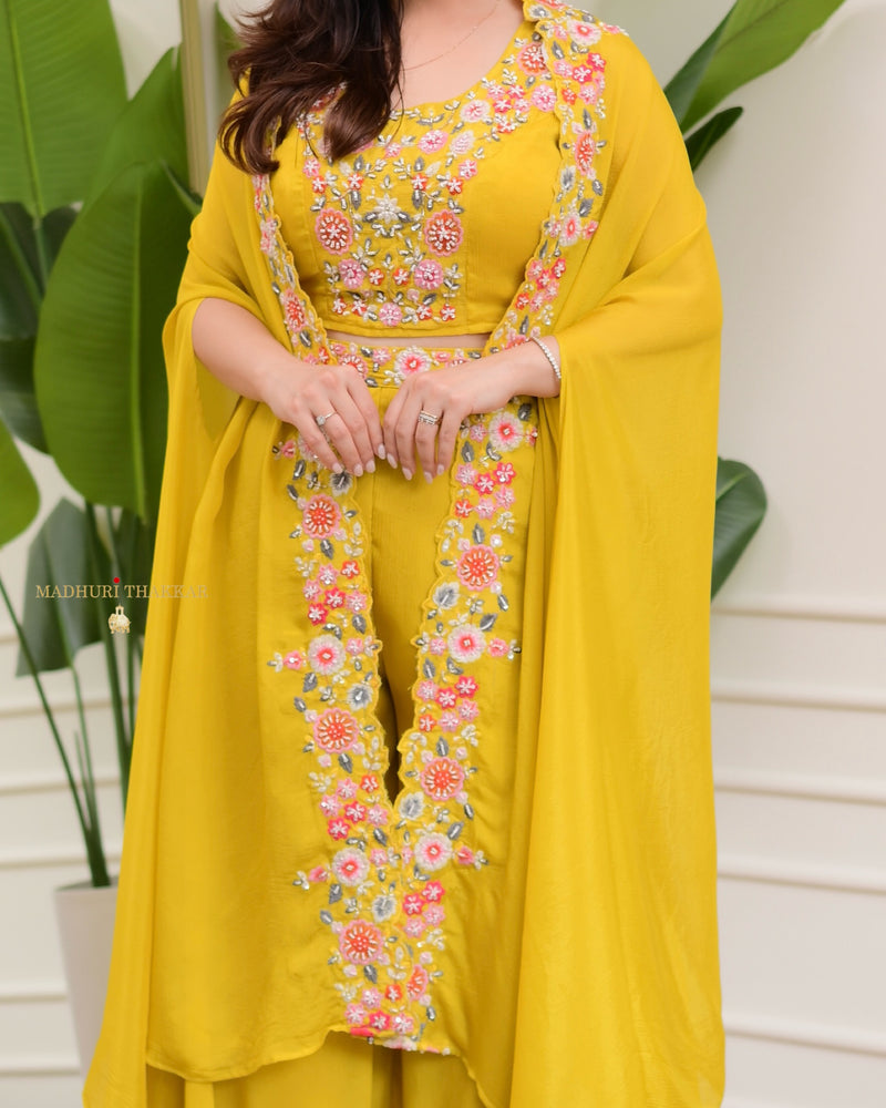 Yellow Chinnon Festive Cape Sharara Set