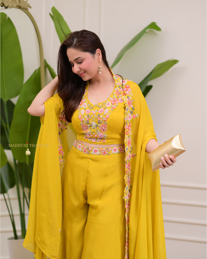 Yellow Chinnon Festive Cape Sharara Set