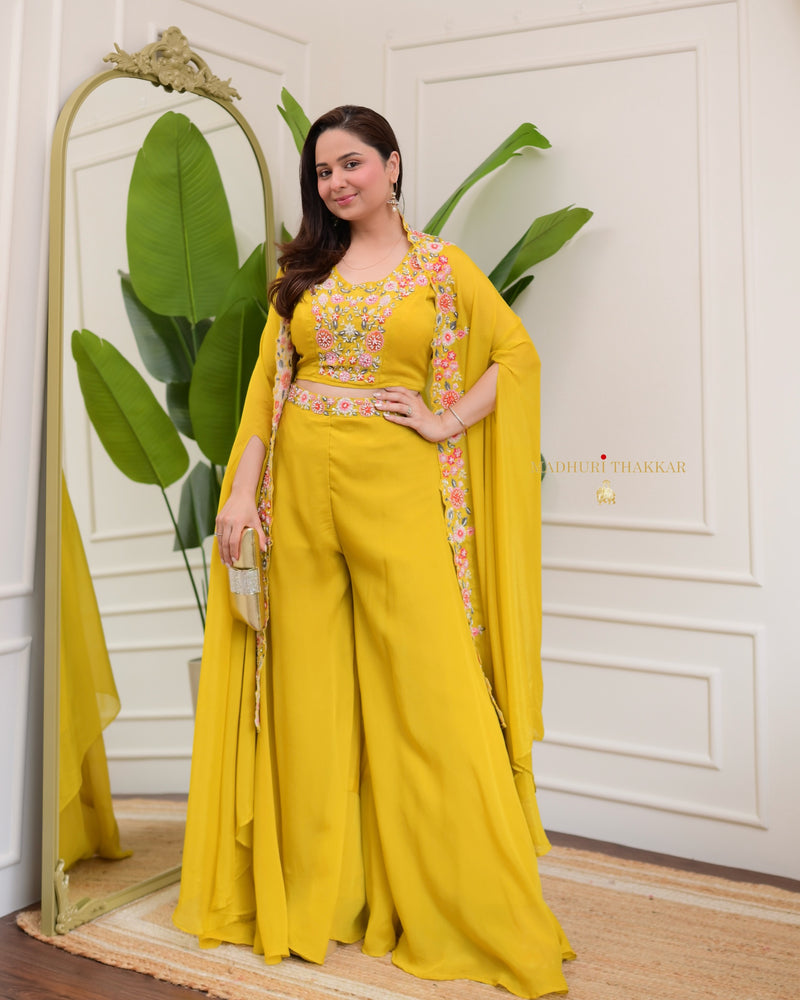 Yellow Chinnon Festive Cape Sharara Set