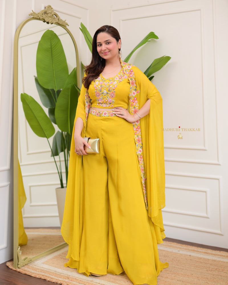 Yellow Chinnon Festive Cape Sharara Set