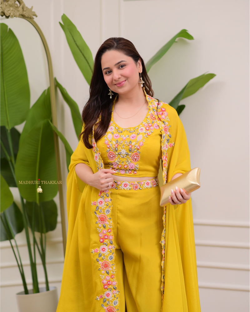 Yellow Chinnon Festive Cape Sharara Set