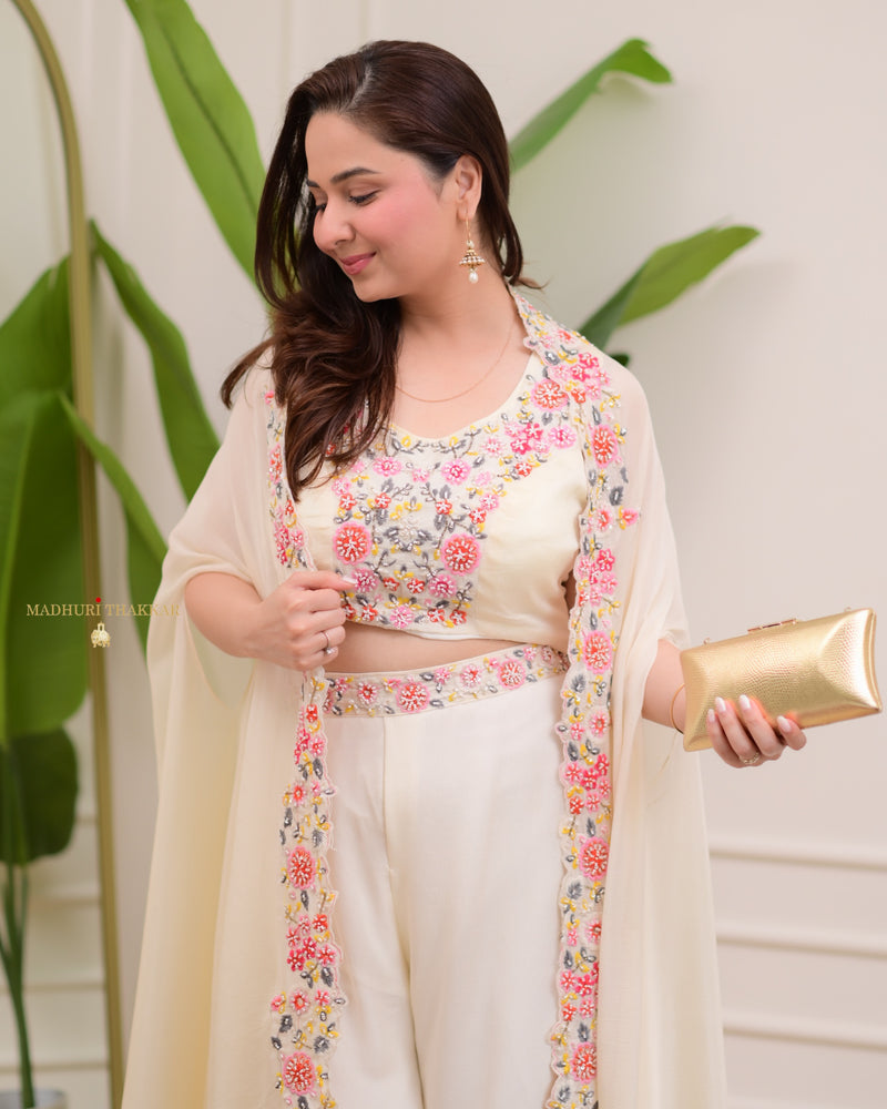 Ivory Chinnon Festive Cape Sharara Set