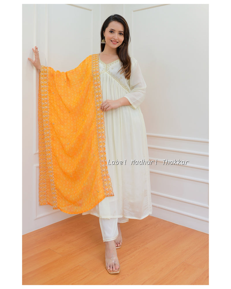 Ivory Yellow Bandhani Dupatta Chinnon Anarkali Suit