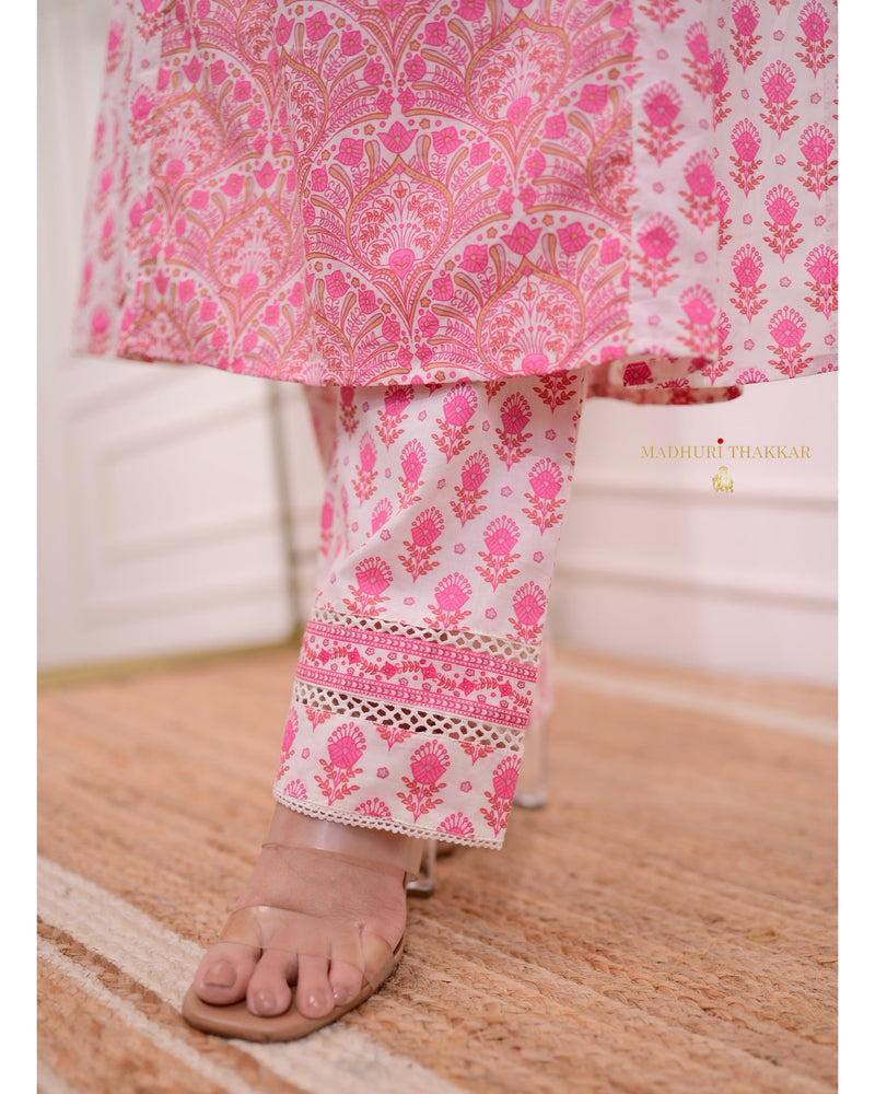 Pink Printed A Line Cotton Suit