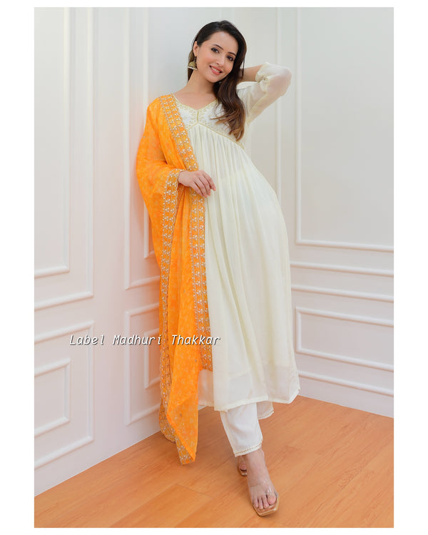 Ivory Yellow Bandhani Dupatta Chinnon Anarkali Suit