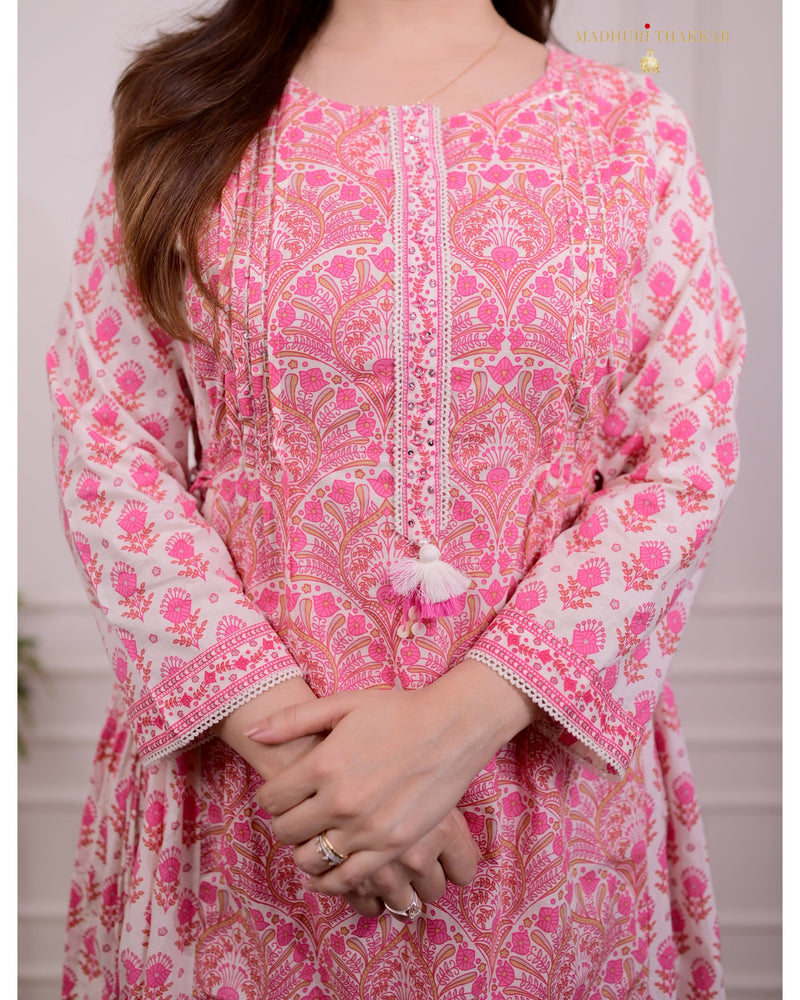 Pink Printed A Line Cotton Suit