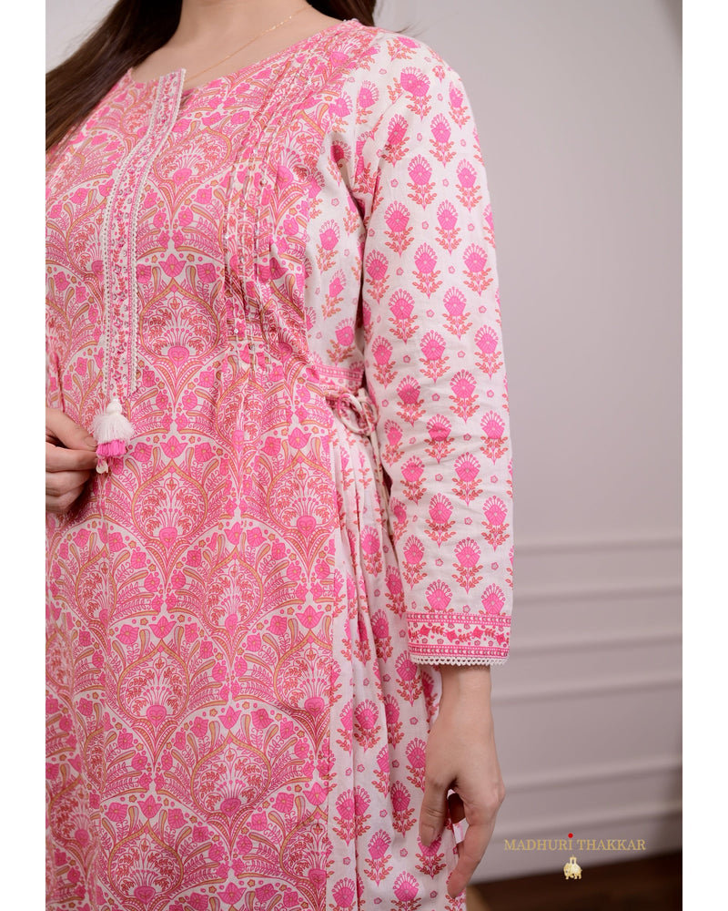 Pink Printed A Line Cotton Suit