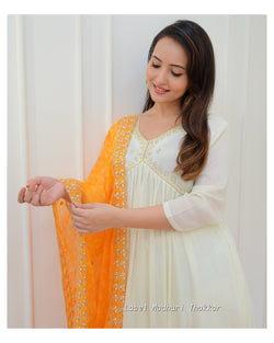 Ivory Yellow Bandhani Dupatta Chinnon Anarkali Suit