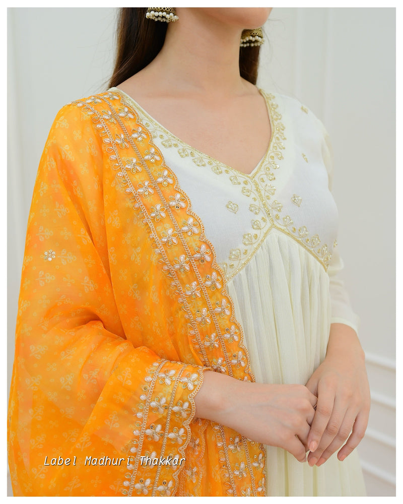 Ivory Yellow Bandhani Dupatta Chinnon Anarkali Suit