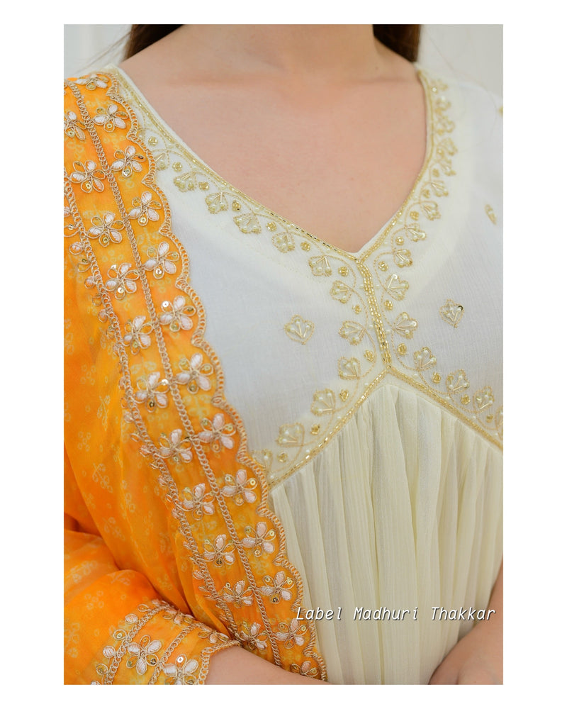 Ivory Yellow Bandhani Dupatta Chinnon Anarkali Suit