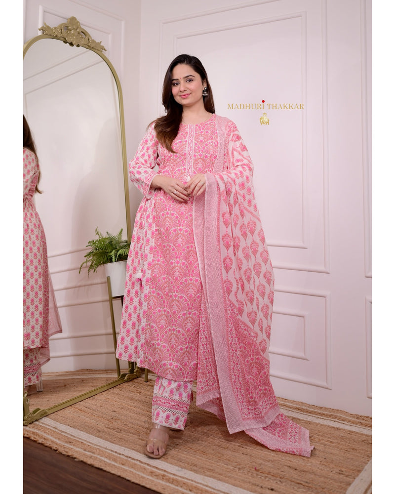 Pink Printed A Line Cotton Suit