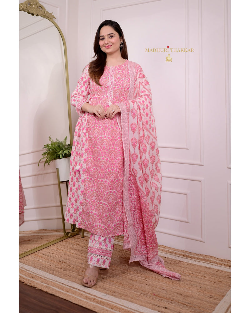 Pink Printed A Line Cotton Suit