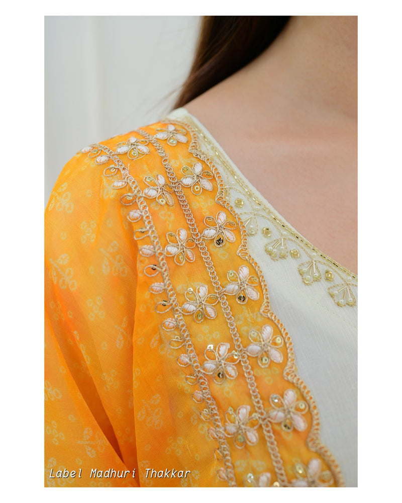 Ivory Yellow Bandhani Dupatta Chinnon Anarkali Suit