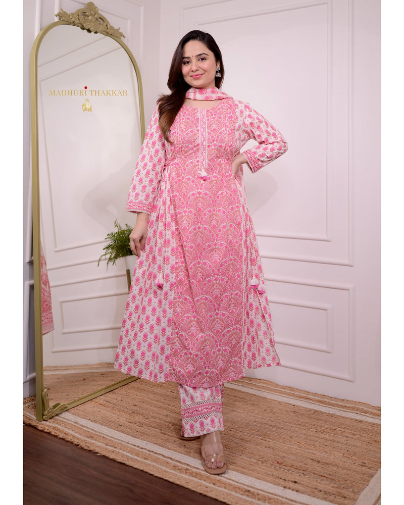 Pink Printed A Line Cotton Suit