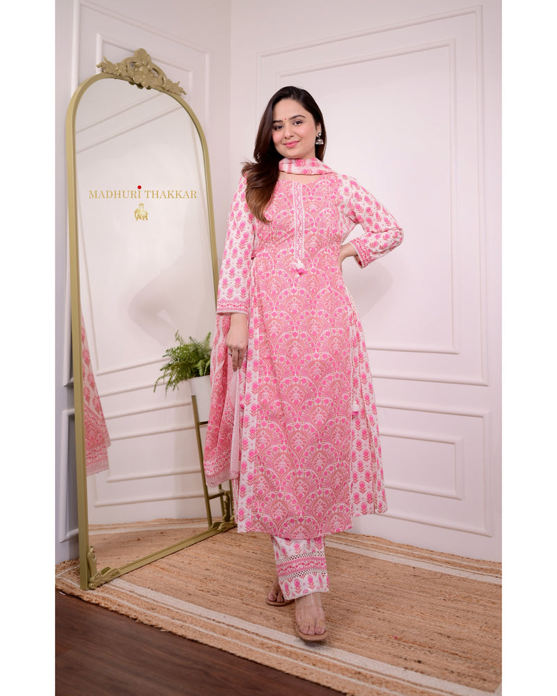 Pink Printed A Line Cotton Suit