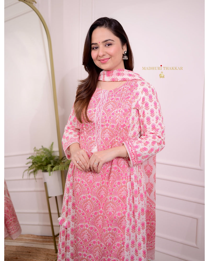 Pink Printed A Line Cotton Suit