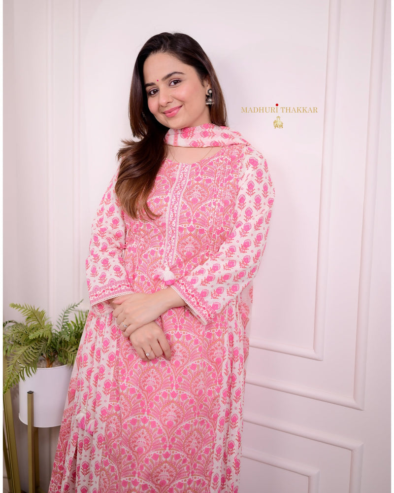 Pink Printed A Line Cotton Suit