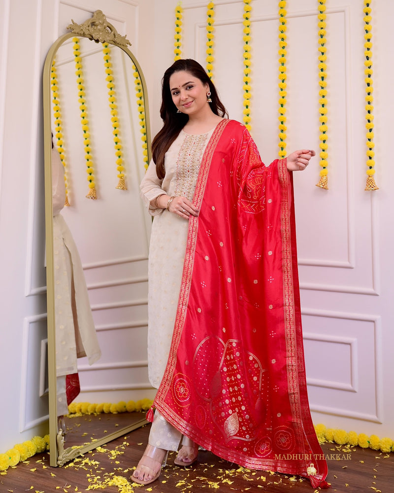 Ivory Shimmer Banarasi Silk Dupatta Festive Suit