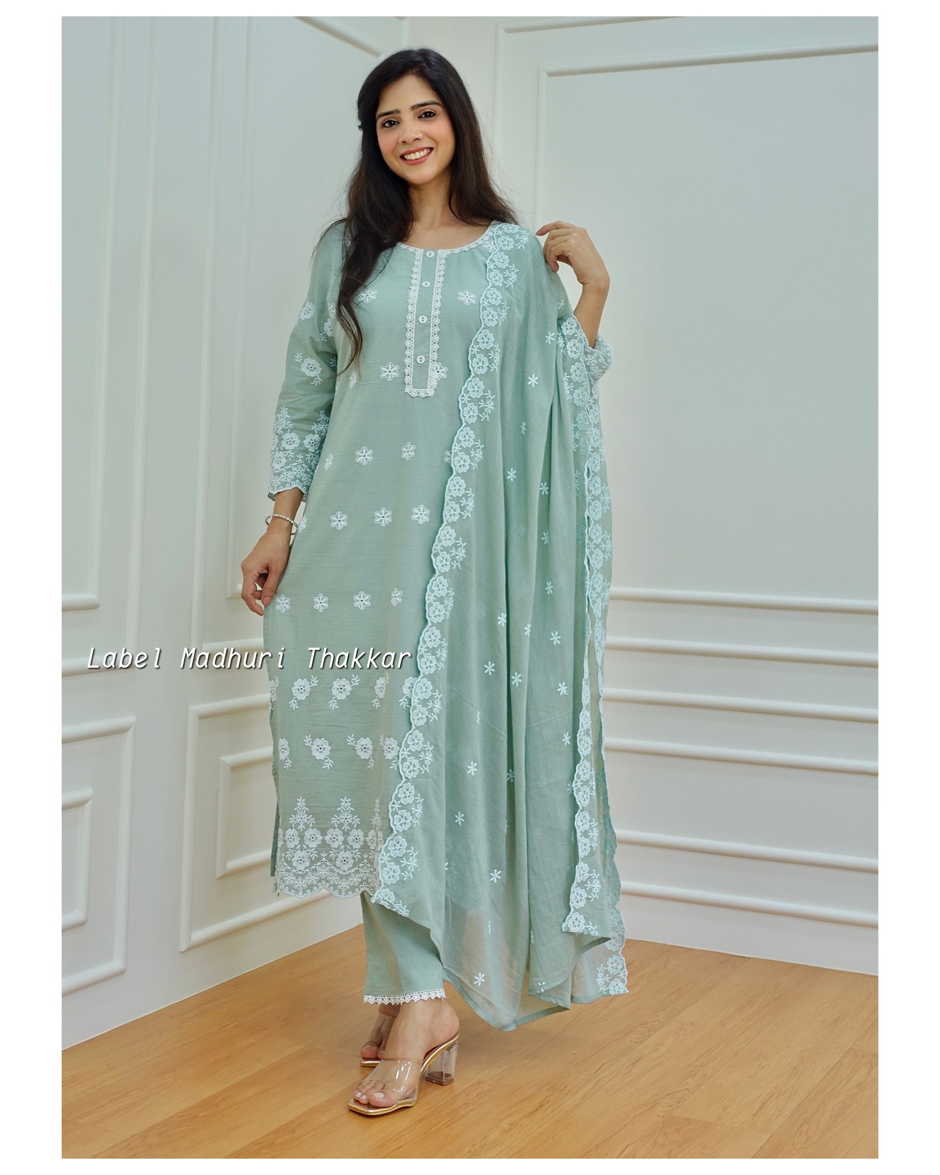Green Schiffli Cotton Suit – Label Madhuri Thakkar