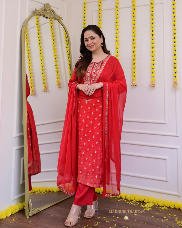 Red Ombre Handwork Silk Suit