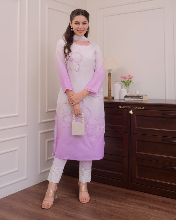 Lilac Ombre Pearl Work Linen Suit