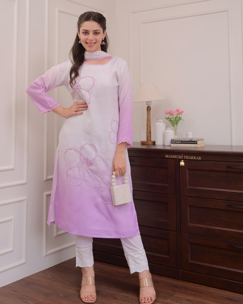 Lilac Ombre Pearl Work Linen Suit