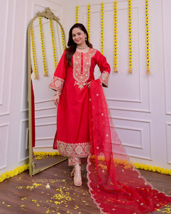 Red Festive Gota Handwork Chanderi Premium Silk Suit