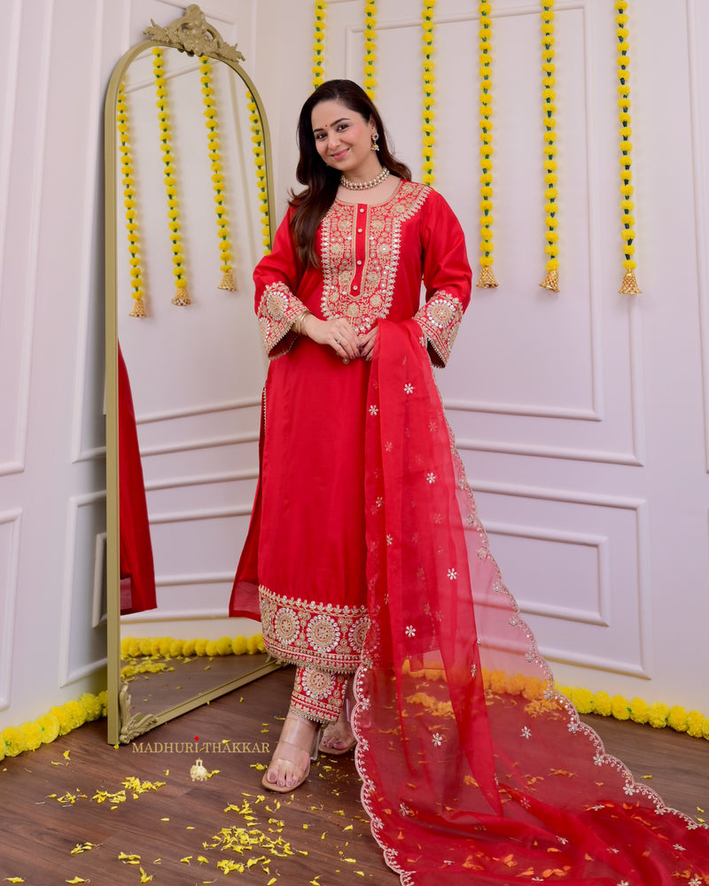 Red Festive Gota Handwork Chanderi Premium Silk Suit