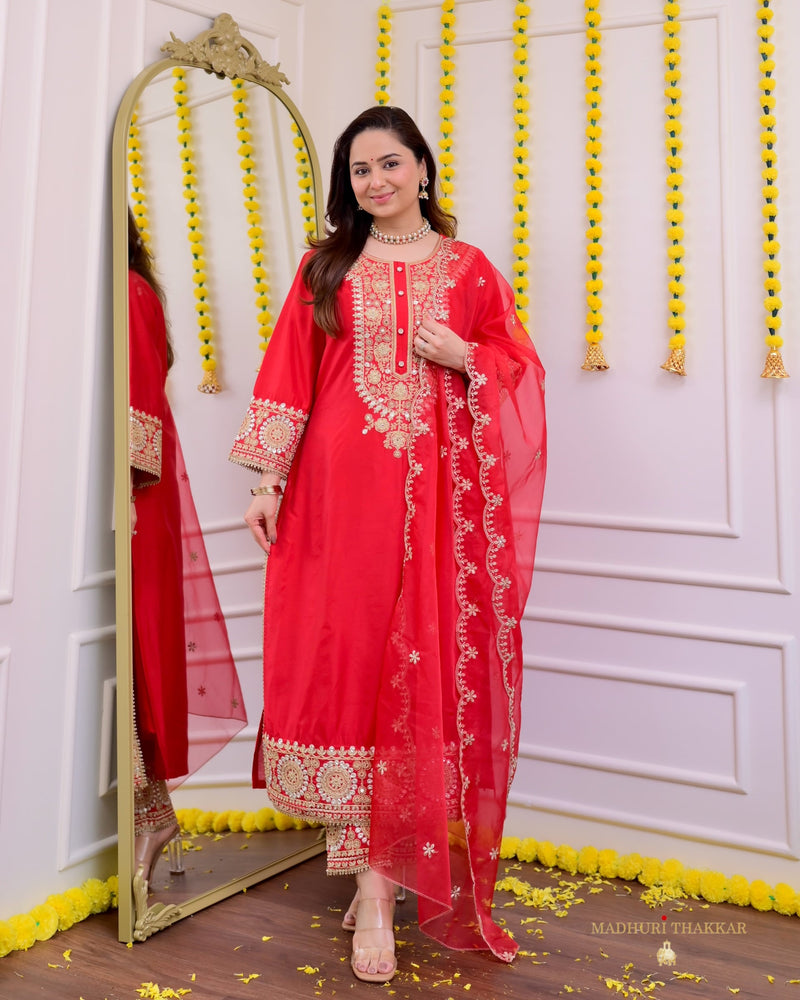 Red Festive Gota Handwork Chanderi Premium Silk Suit