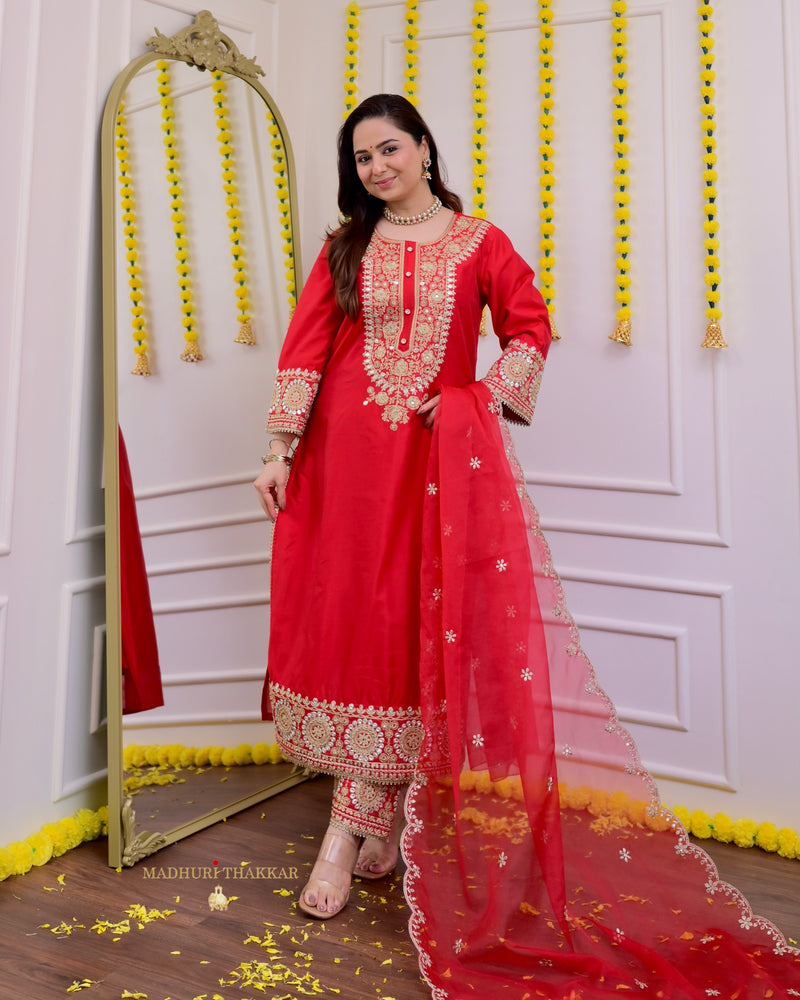 Red Festive Gota Handwork Chanderi Premium Silk Suit