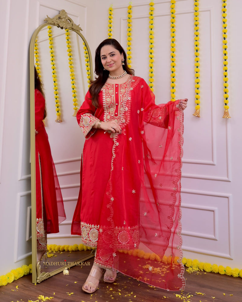 Red Festive Gota Handwork Chanderi Premium Silk Suit