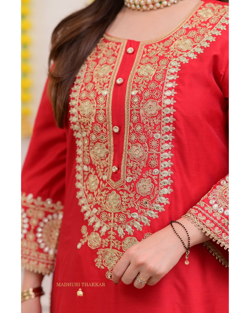 Red Festive Gota Handwork Chanderi Premium Silk Suit