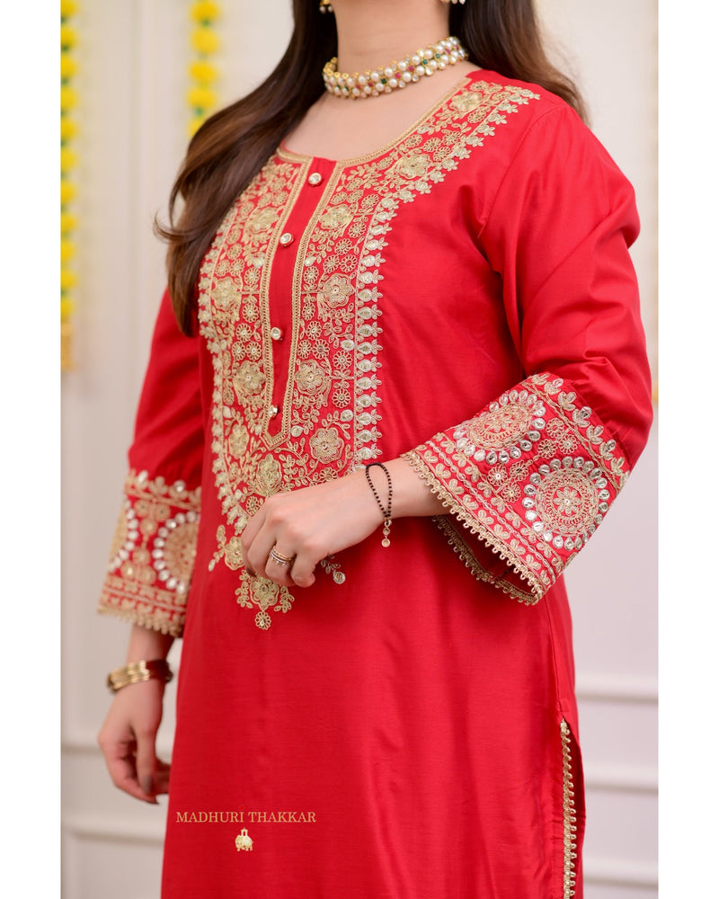 Red Festive Gota Handwork Chanderi Premium Silk Suit