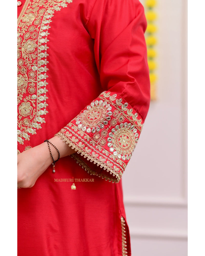 Red Festive Gota Handwork Chanderi Premium Silk Suit