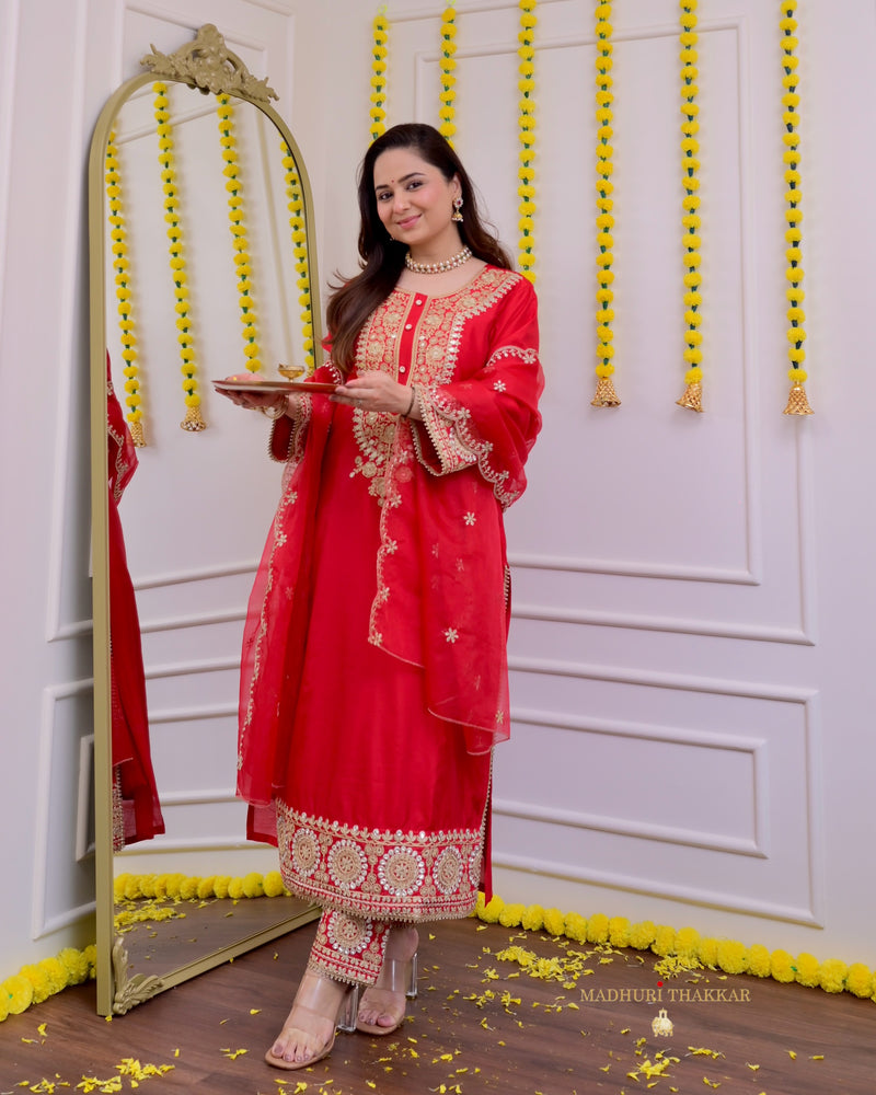 Red Festive Gota Handwork Chanderi Premium Silk Suit