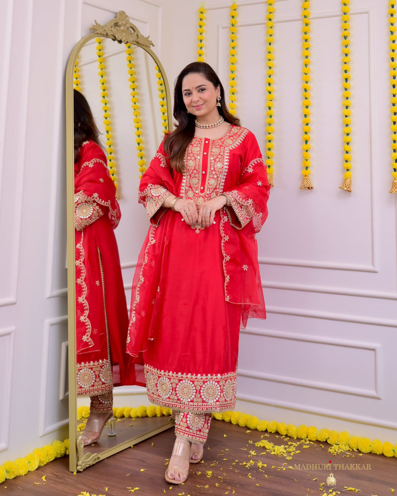 Red Festive Gota Handwork Chanderi Premium Silk Suit