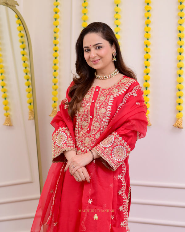 Red Festive Gota Handwork Chanderi Premium Silk Suit