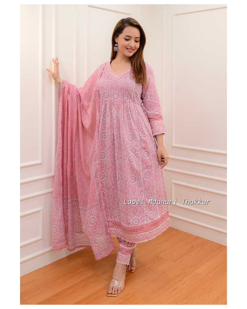 Pink Floral Pintex Afghani Suit